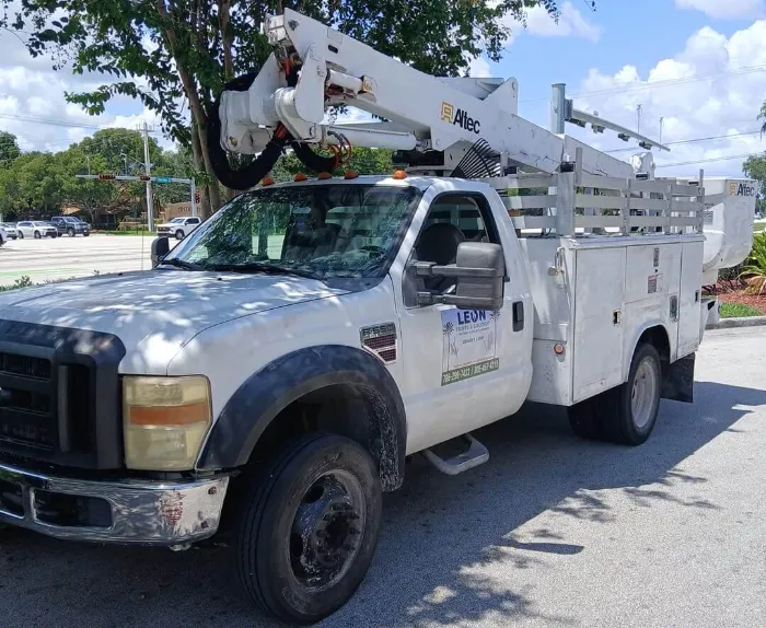 A white utility truck with an attached cherry picker, parked on a sunny day. The side door has a sign with the text "Leon" and a phone number. The background shows trees and a partly cloudy sky.